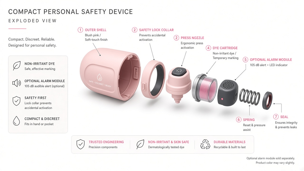 Exploded view of Bad Idea Alarm showing deliberate lock mechanism