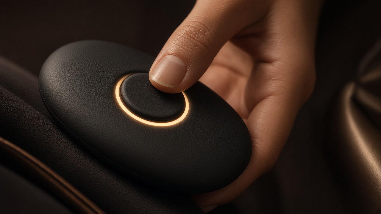 Thumb pressing the proud WARN control — warm champagne ritual glow